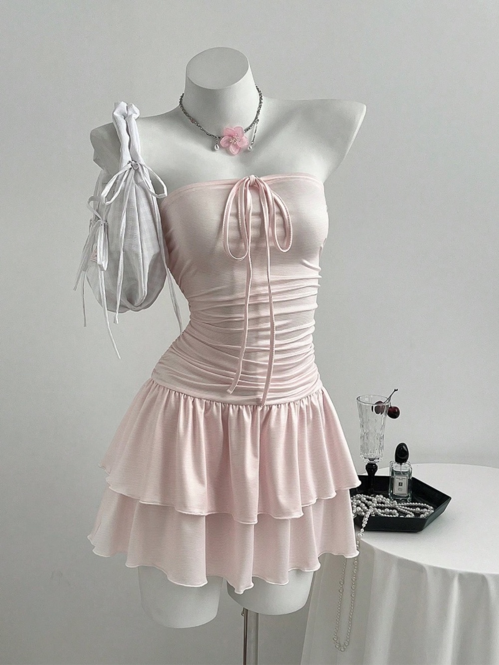 NEW! Flirla Size Medium M Summer Casual Ruched White & Pink Dress lot6097 - Picture 4 of 5